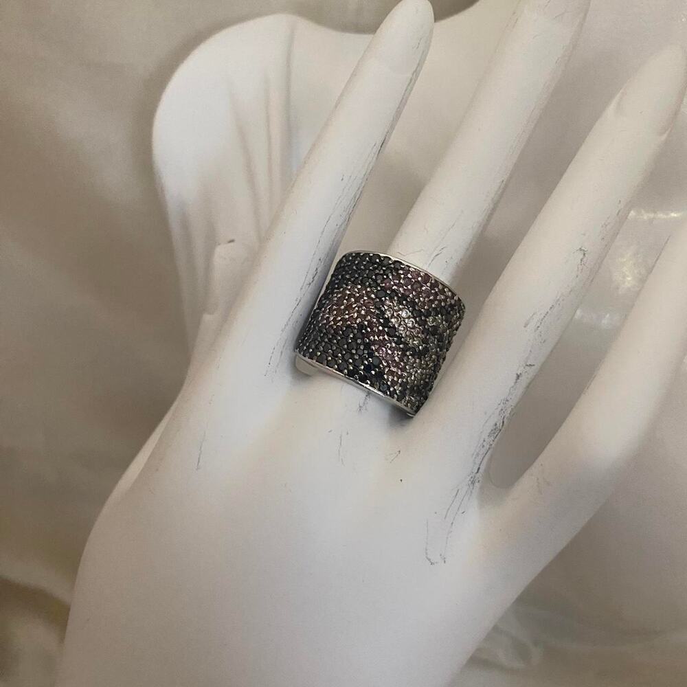 Sterling Silver S925 Black Pavé Statement Ring Wide Band Signed s925 Ring